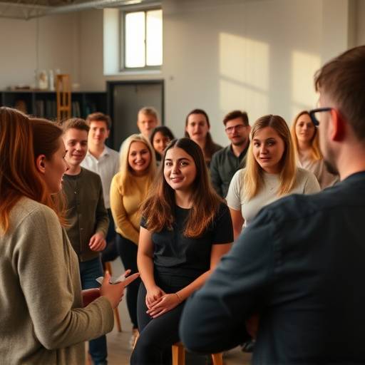 A group of students participating in an introductory acting class.