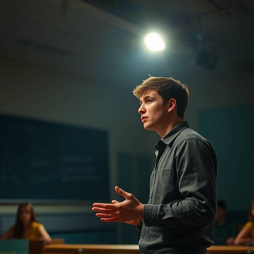 A student delivering a monologue in front of the class.