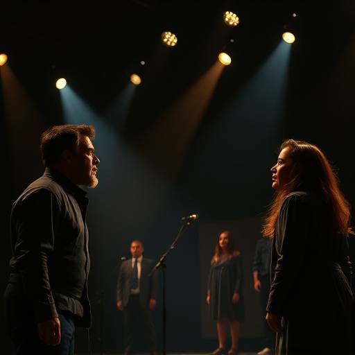 Actors performing an intense emotional scene on stage.