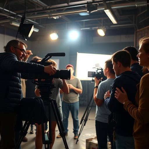 Students filming a short scene in a mock movie setting.