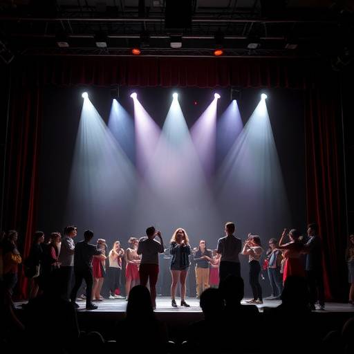 Students performing a scene on stage.