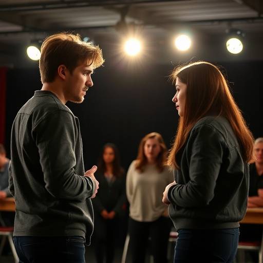 Students rehearsing a scene for an intermediate acting class.